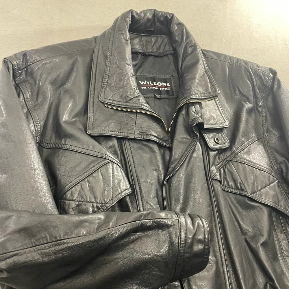 Wilsons Leather Motorcycle Jacket Vintage Black Leather Biker Bomber Jacket XL - Picture 3 of 15